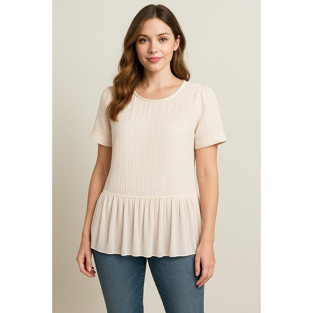 Carolina Belle Ruffle Trim Top Blouse Womens Small Beige Classy Preppy‎ Textured